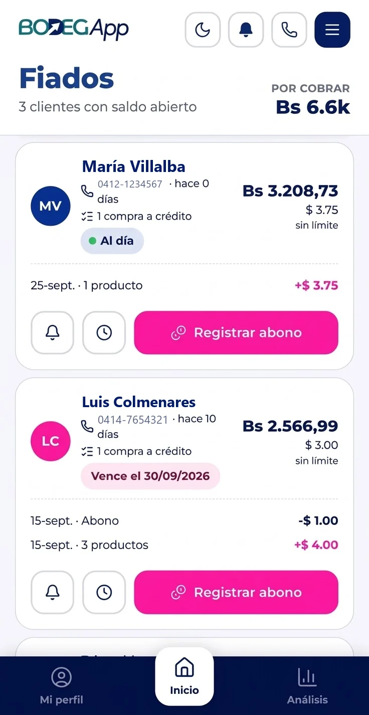 Pantalla de fiados de BodegApp con los clientes por cobrar