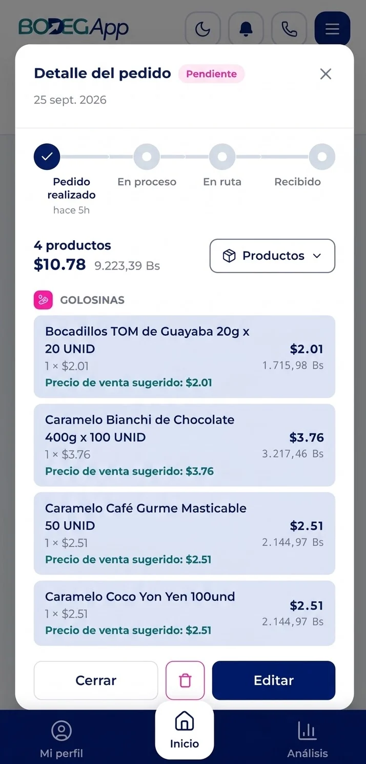 Detalle de un pedido en la app de BodegApp