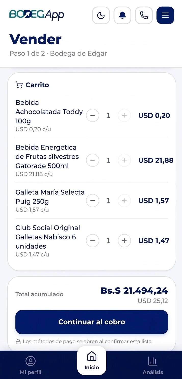 Pantalla de cobro de BodegApp con el carrito de una venta